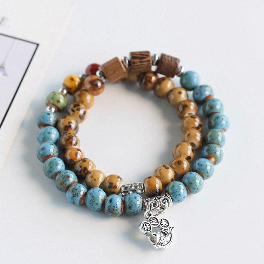 Boho Beaded Stretch Bracelet Set – Turquoise & Wood Charm